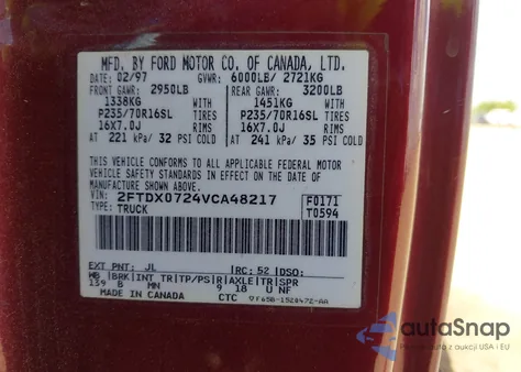 1997 Ford F150 z USA, uszkodzony, nr VIN 2FTDX0724VCA48217